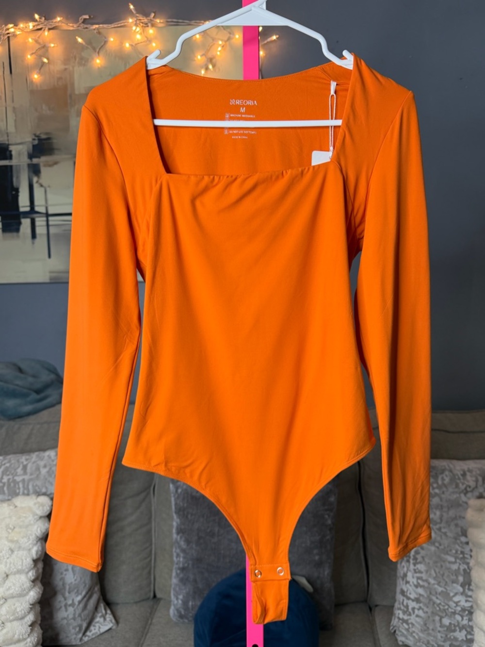 REORIA Orange Square Neck Long Sleeve Bodysuit Stretch Top size medium